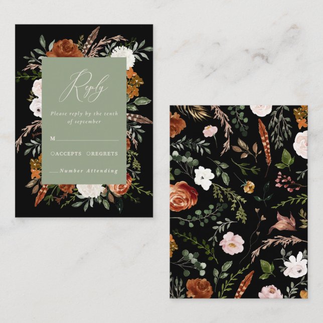 Budget sage green black floral elegant wedding  enclosure card (Front/Back)