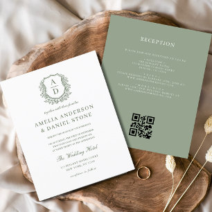 Budget Sage Green Crest Monogram Wedding QR Code