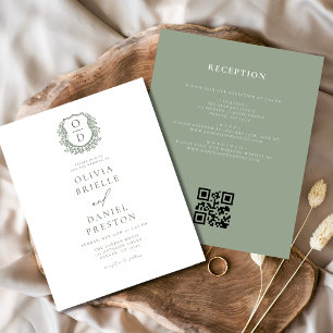 Budget Sage Green Crest Monogram Wedding QR Code