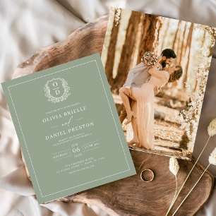Budget Sage Green Crest Photo Wedding Invitation