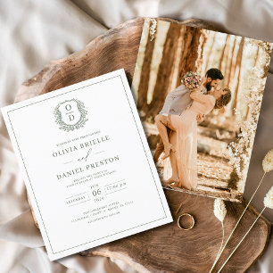 Budget Sage Green Crest Photo Wedding Invitation
