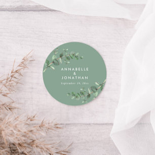 Budget sage green eucalyptus foliage wedding favou classic round sticker