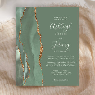 Budget Sage Green Gold Agate Wedding Invitation