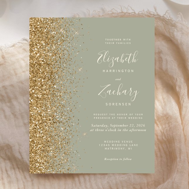 Budget Sage Green Gold Faux Glitter Wedding Invite (Creator Uploaded)
