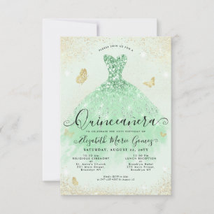 Budget Sage Green Gold Glitter Gown Quinceanera Card