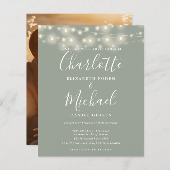 Budget Sage Green Lights Photo Wedding Invitation (Front/Back)