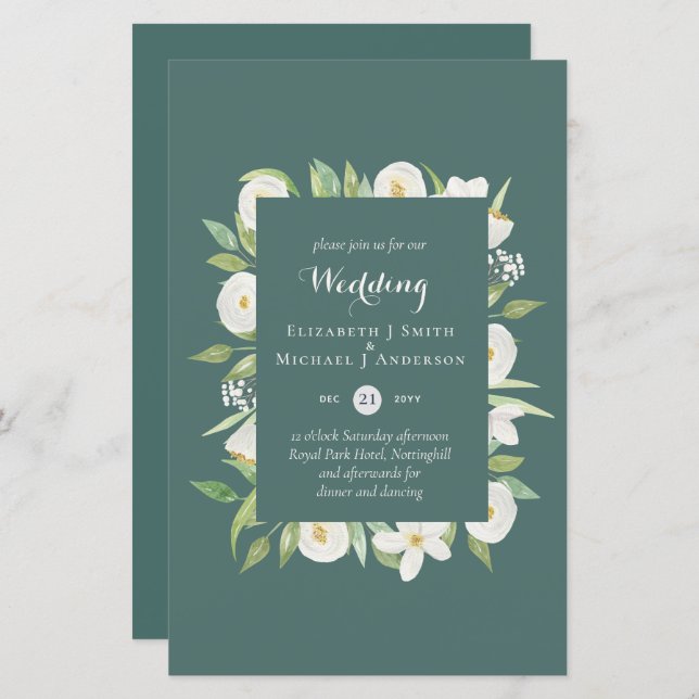 BUDGET Sage Green Magnolia Floral Wedding Invite (Front/Back)
