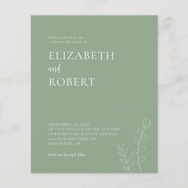 Budget Sage Green Minimalist Wedding Modern (Front)