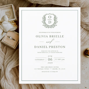 Budget Sage Green Monogram Wedding Invitation