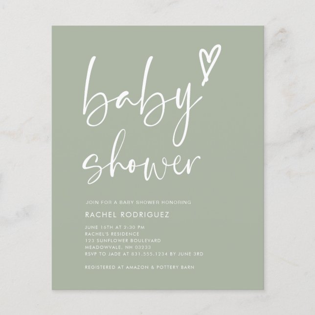 Budget Sage Green Script Heart Baby Shower Invite (Front)