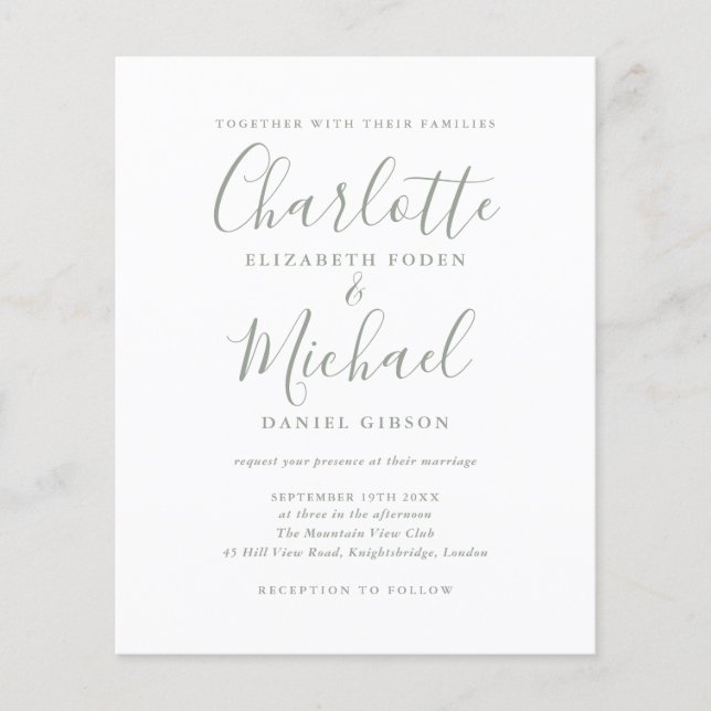 Budget Sage Green Wedding Invitation (Front)