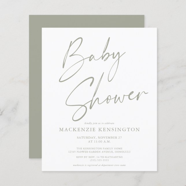 Budget Sage Olive Green Script Baby Shower Invite (Front/Back)