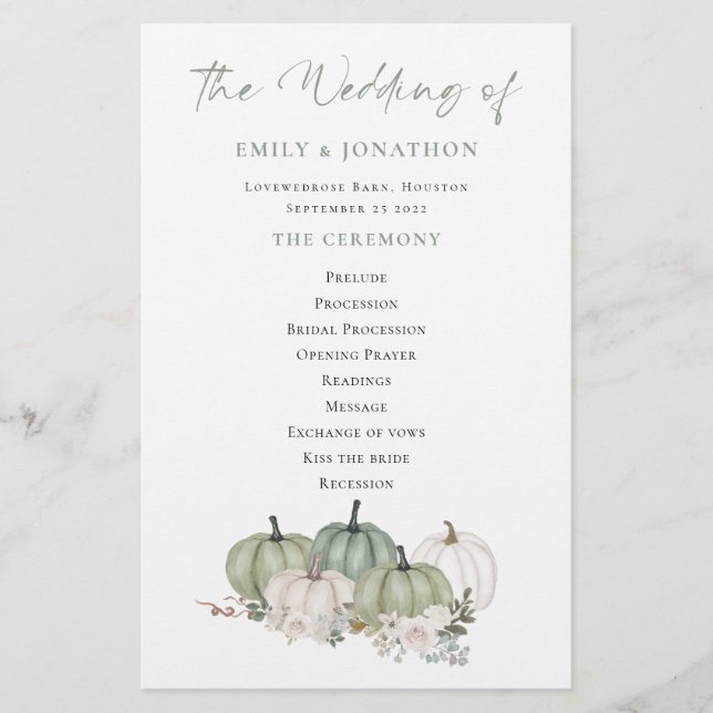 Budget Sage Pumpkins Cream Florals Wedding Program (Front)