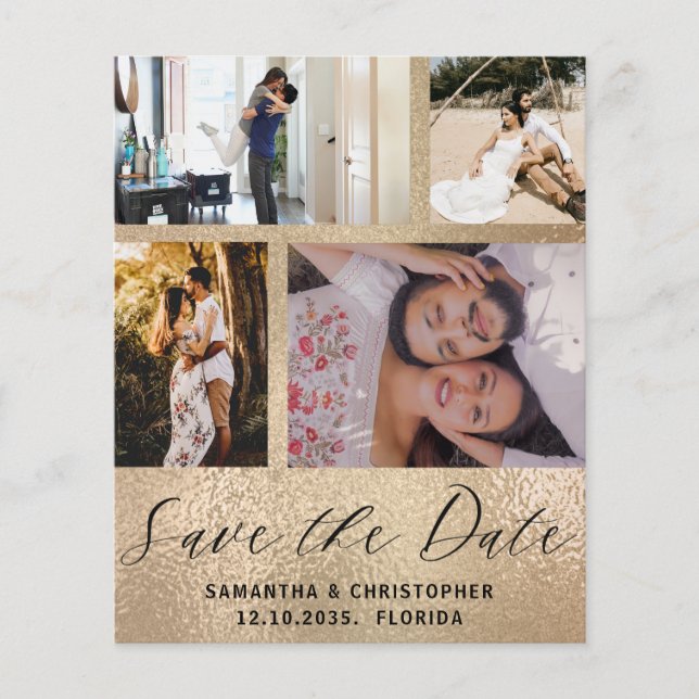 Budget Save the Date 4 Photo Gold Invitation (Front)