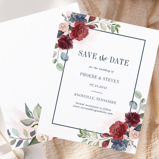 Budget  Save the Date Burgundy Floral Navy Blue (Watercolor Floral Wedding Save the Date)
