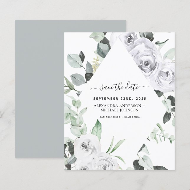 Budget Save the Date Eucalyptus White Floral (Front/Back)