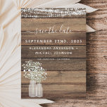 Budget Save the Date Rustic Farmhouse Invitation Flyer<br><div class="desc">Budget Rustic Farmhouse String Lights and Baby's Breath in a Jar Save the Date Wedding Invitations on Wood background - includes beautiful and elegant script typography with modern Country Farm House Sparkle for the special Wedding day celebration.</div>