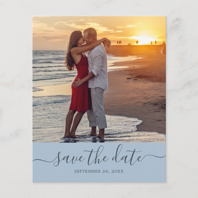 Budget Save the Date Script Blue Photo Flyer (Front)
