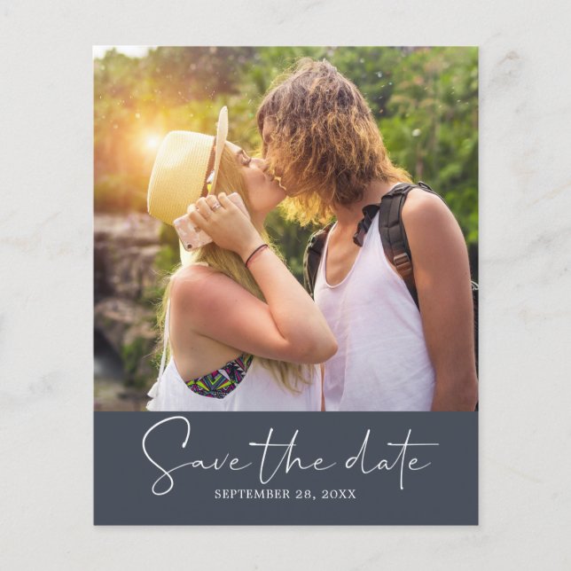 Budget Save the Date Script Dark Blue Photo Flyer (Front)
