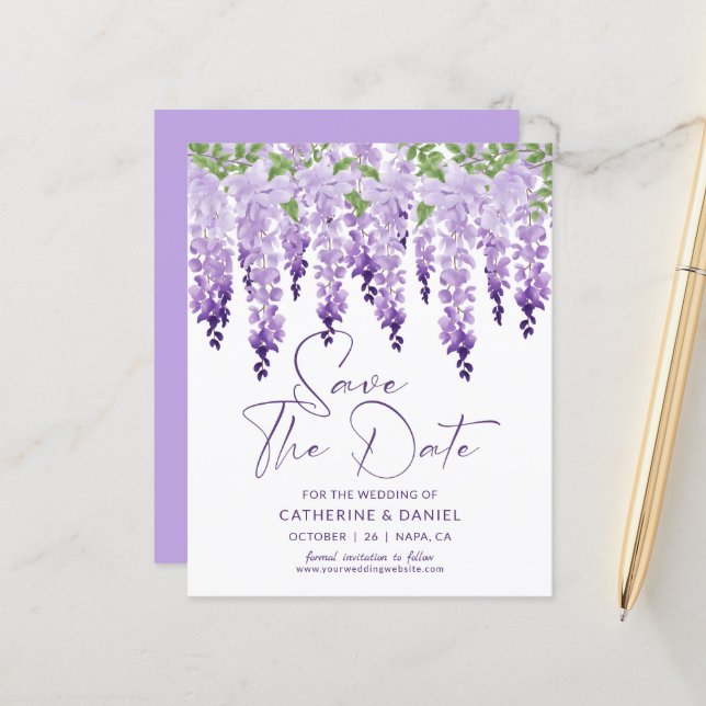 Budget Save The Date Watercolor Wisteria Wedding (Front/Back In Situ)