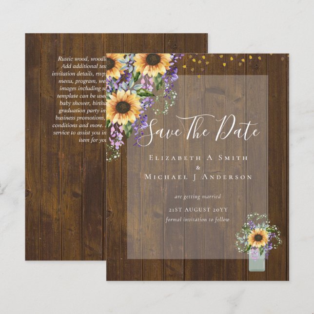 BUDGET SAVE THE DATES Rustic Sunflowers Purple (Front/Back)