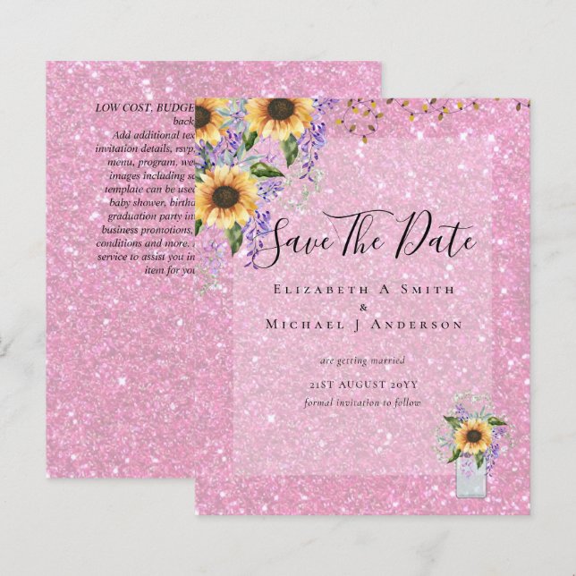 BUDGET SAVE THE DATES Rustic Sunflowers Purple (Front/Back)