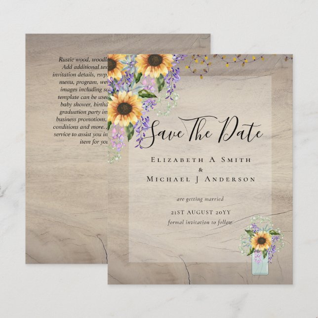 BUDGET SAVE THE DATES Rustic Sunflowers Purple (Front/Back)