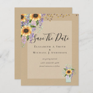 BUDGET SAVE THE DATES Rustic Sunflowers Purple