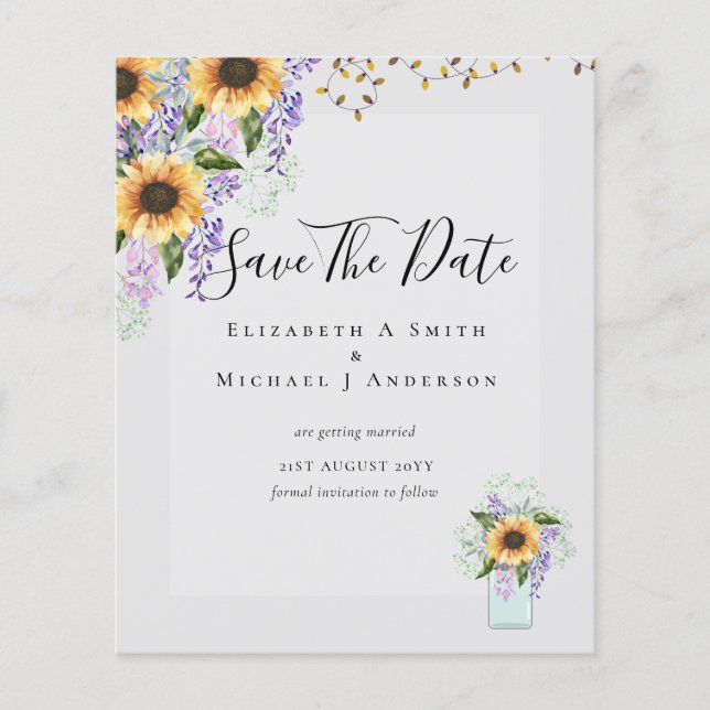 BUDGET SAVE THE DATES Rustic Sunflowers Purple Flyer (Front)