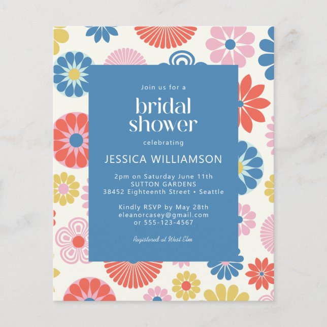 Budget Scandi Boho Folk Flower Blue Bridal Shower (Front)