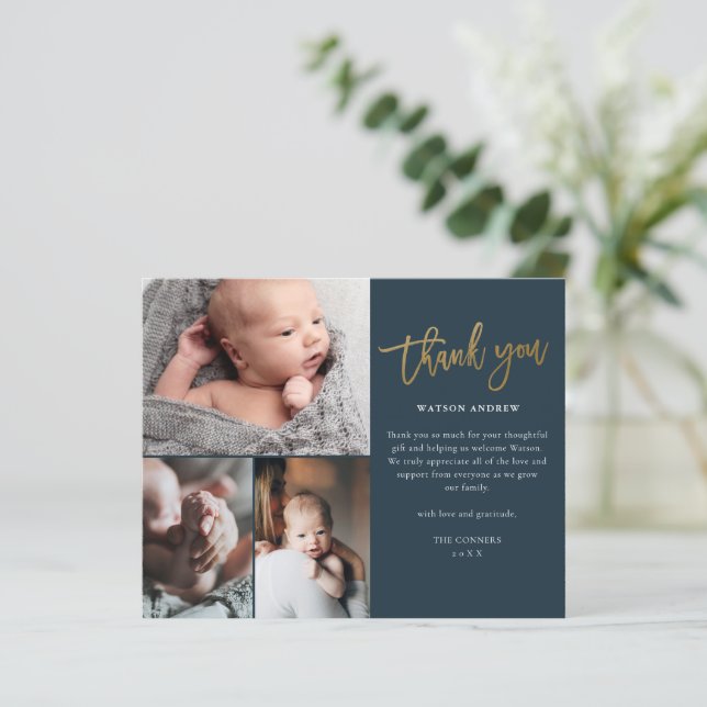 Budget Script 3 Photo Baby Thank You Card (Standing Front)