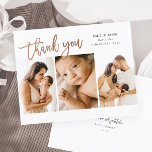 Budget Script 3 Photo Baby Thank You Card<br><div class="desc">This modern 3 photo thank you card features rose gold handwritten script thank you and birth details on the front. The back includes a thank you message and family signature. Click the edit button to customise this design with your photos and details.</div>