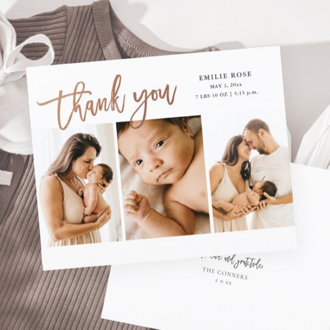 Budget Script 3 Photo Baby Thank You Card (Modern rose gold script lettering 3 photo baby thank you card brith announcement.)