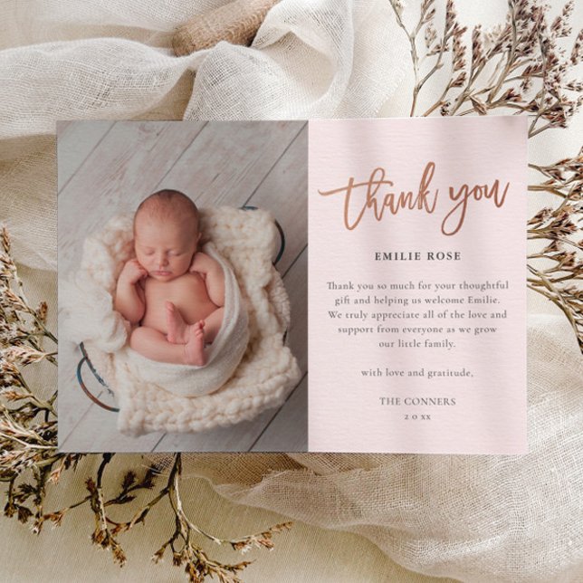 Budget Script Baby Photo Thank You Card (Elegant rose gold script modern baby photo thank you card.)