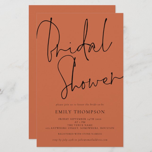 Budget Script Bridal Shower terracotta Invite (Front/Back)