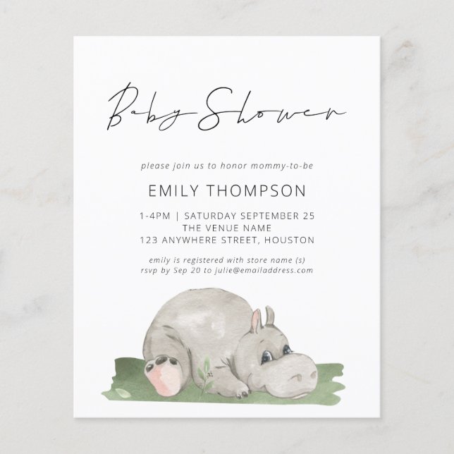 Budget Script Cute Hippo Baby Shower Invitation (Front)