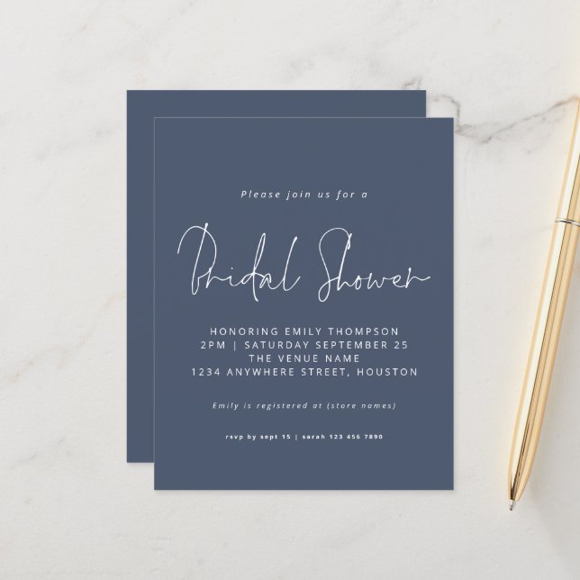 Budget Script Dusty Navy Blue Bridal Shower Invite (Front/Back In Situ)