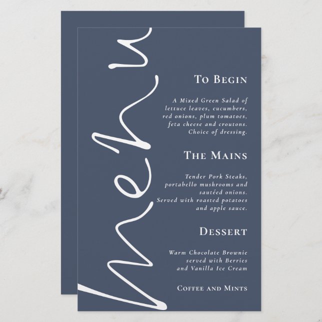 Budget Script Dusty Navy Blue Wedding Menu (Front/Back)