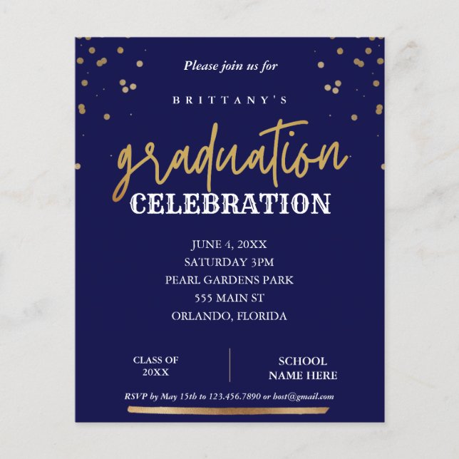 Budget Script Elegant Navy Gold Graduation Invite (Front)