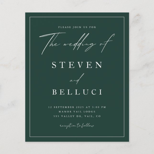 Budget Script Emerald Green Wedding Invitation (Front)