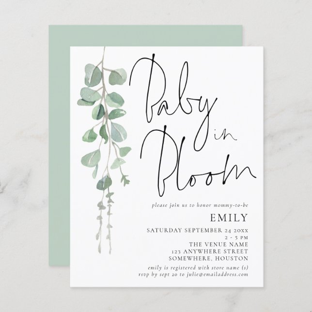 Budget Script Eucalyptus Baby in Bloom Invitation (Front/Back)
