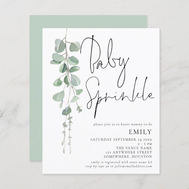 Budget Script Eucalyptus Baby Sprinkle Invitation (Front/Back)