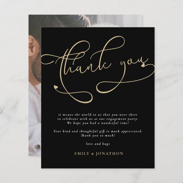 Budget Script Gold Black Photo Engagement Thanks (Front/Back)