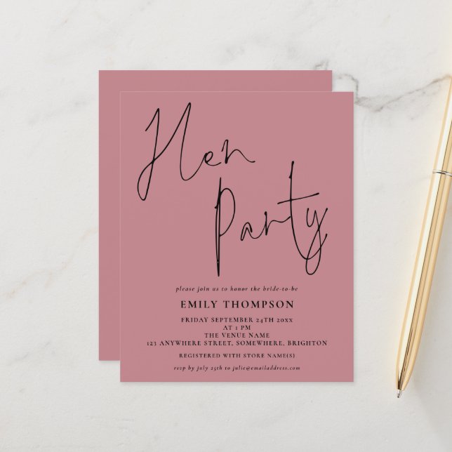 Budget Script Hen Party Dusty Rose Invitation (Front/Back In Situ)