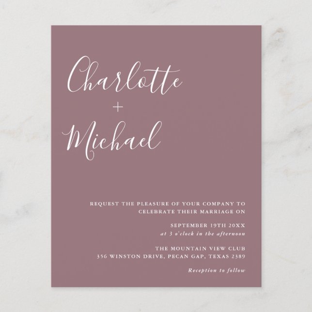 Budget Script Mauve Photo Wedding Invitation (Front)