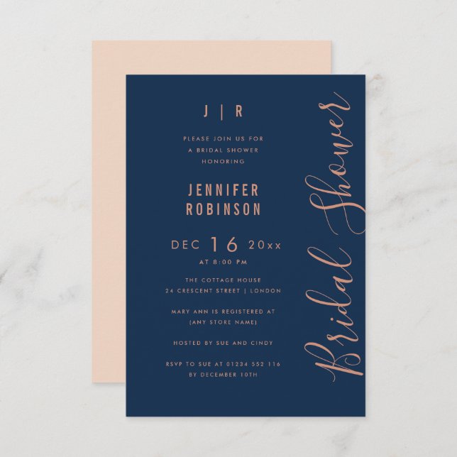 Budget Script Modern Bridal Shower Rose Gold Navy Invitation (Front/Back)