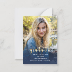 Budget Script Navy Blue Photo Collage Graduation Card