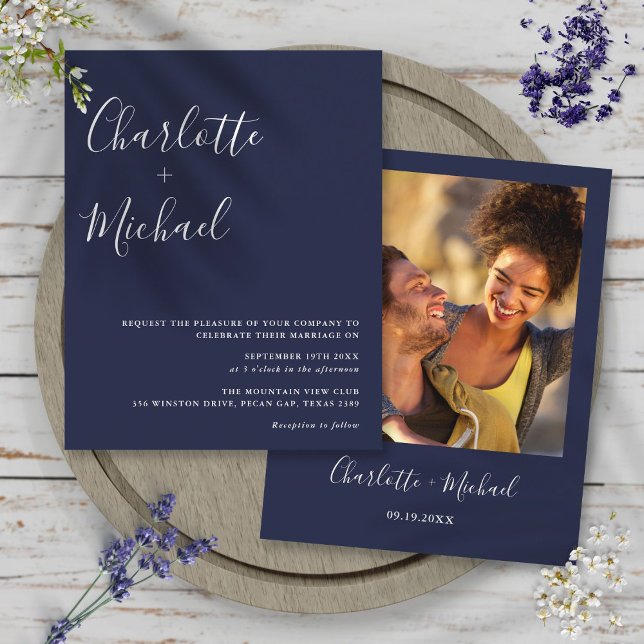 Budget Script Navy Blue Photo Wedding Invitation (Budget Script Navy Blue Photo Wedding Invitation)