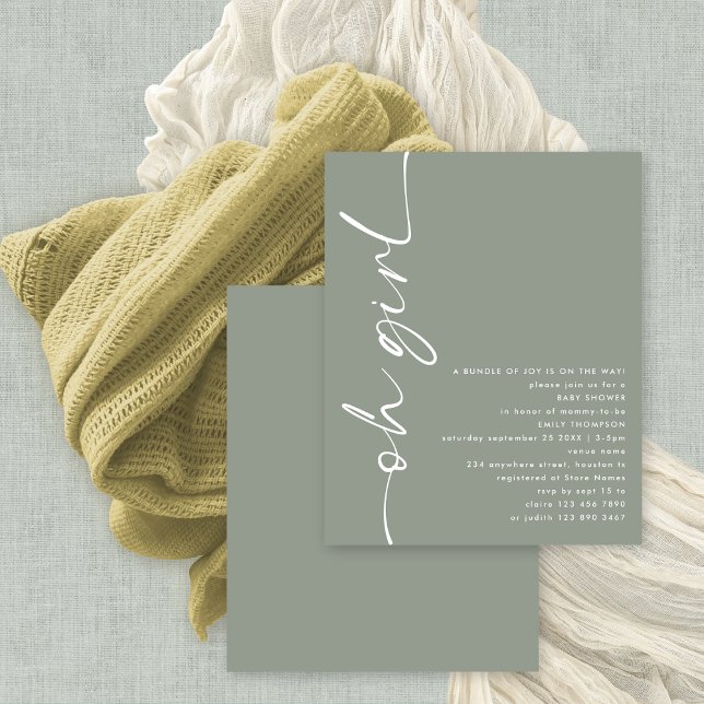 Budget Script Oh Girl Sage Baby Shower (Budget price smaller 4.5 x 5.6" alternative)