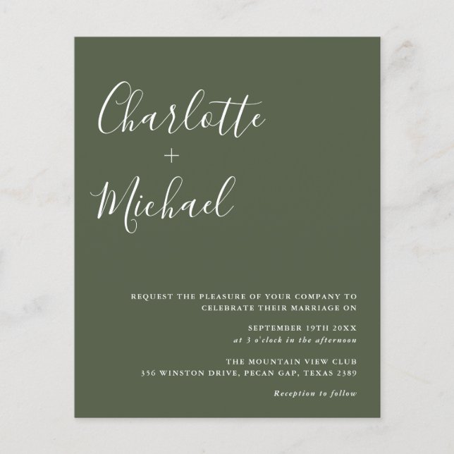 Budget Script Olive Green Photo Wedding Invitation (Front)